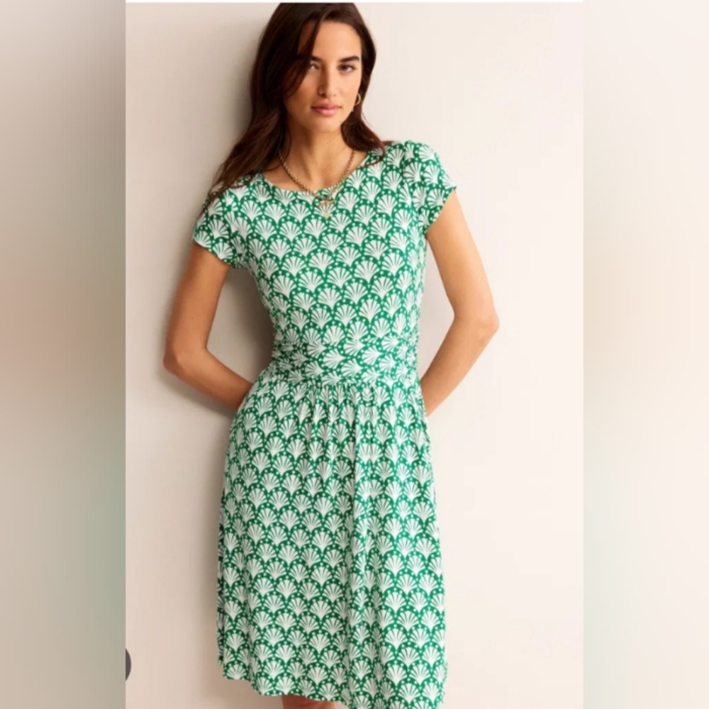 BODEN Cotton Knit Green Floral Pull On Dress | 6